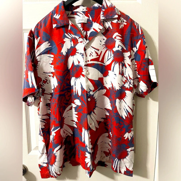 Saturdays in NYC Camp Shirt Sz-L Red Blue White Daisy Print - Picture 1 of 9